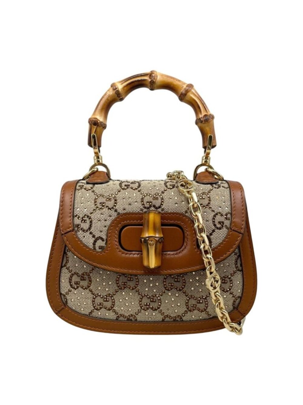 Gucci Shoulder Bag Bamboo Crystal Mini Top Handle GG Canvas Leather Logo